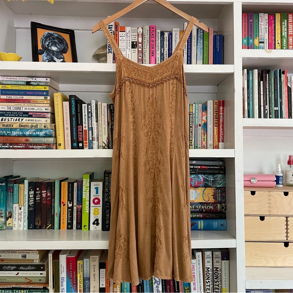 SOLD Boho Dress with Lace up Back and Embroidered Detail in Earthy Brown